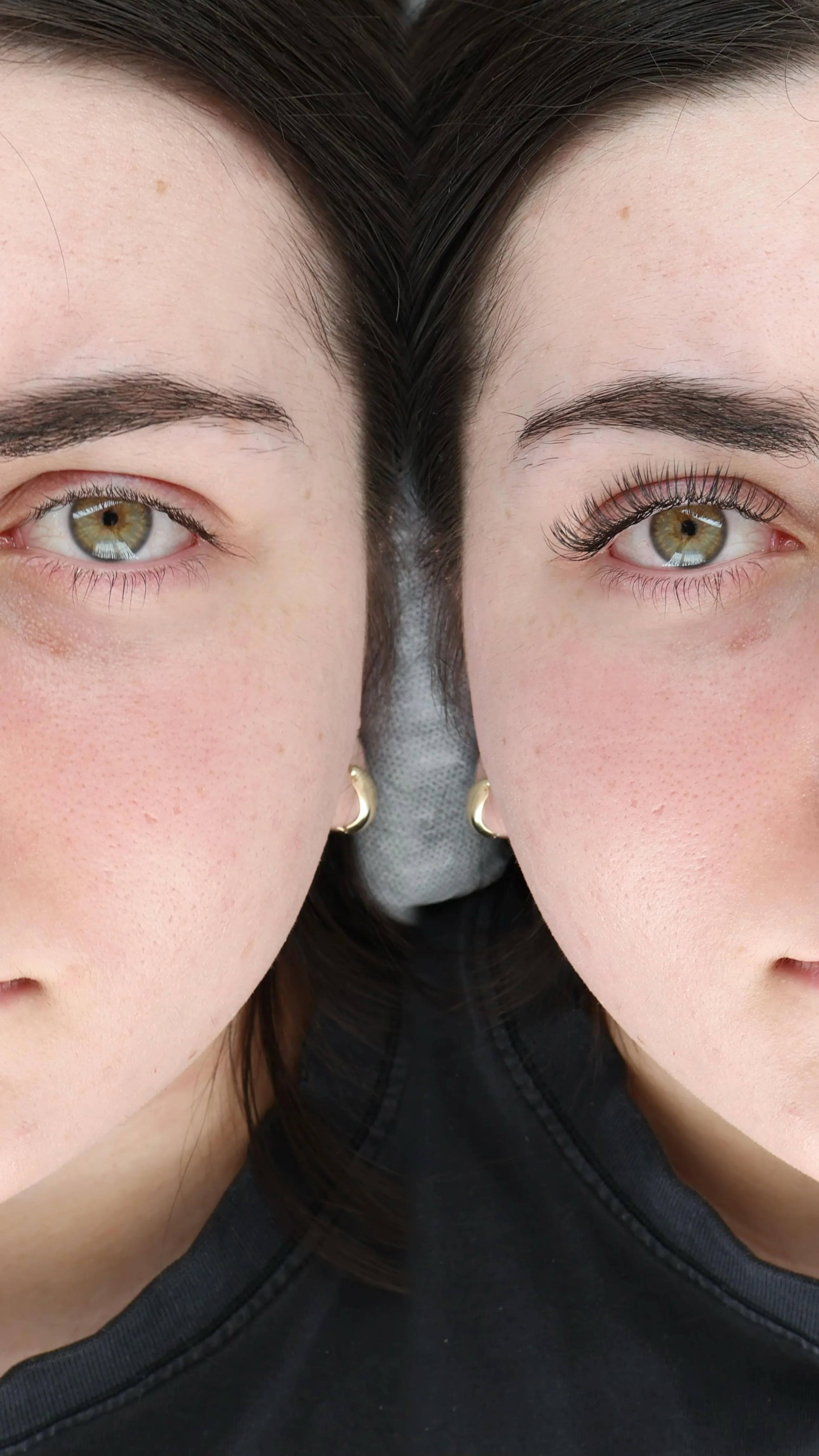 Before and after mirror portrait — bare lashes on the left, a completed classic set on the right