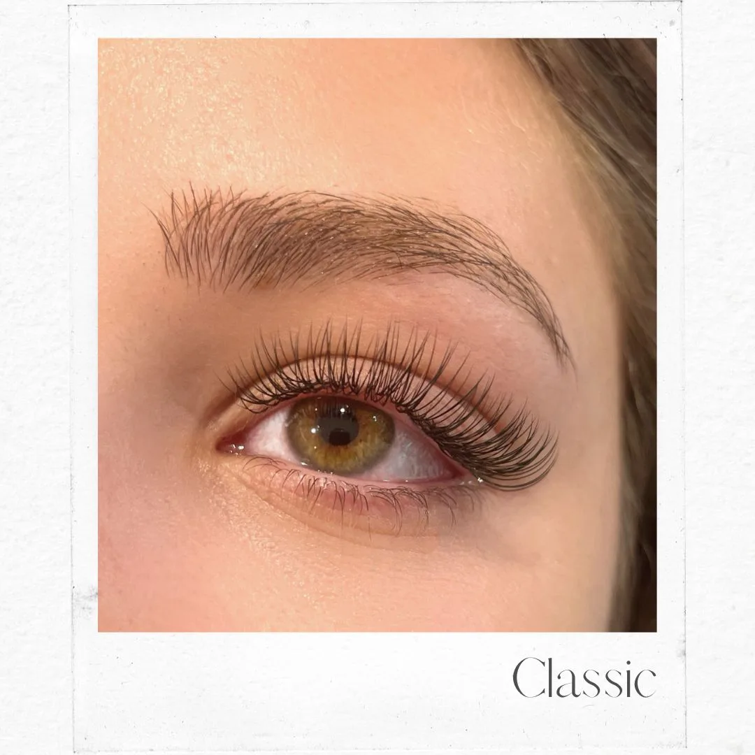 Polaroid style card — Classic set, long curled lashes on a hazel eye